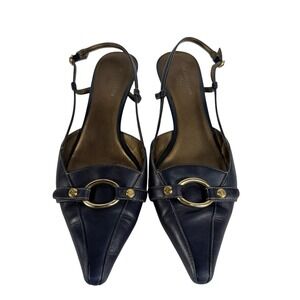 Ann Taylor Navy Leather Slingback Heels with Gold Hardware